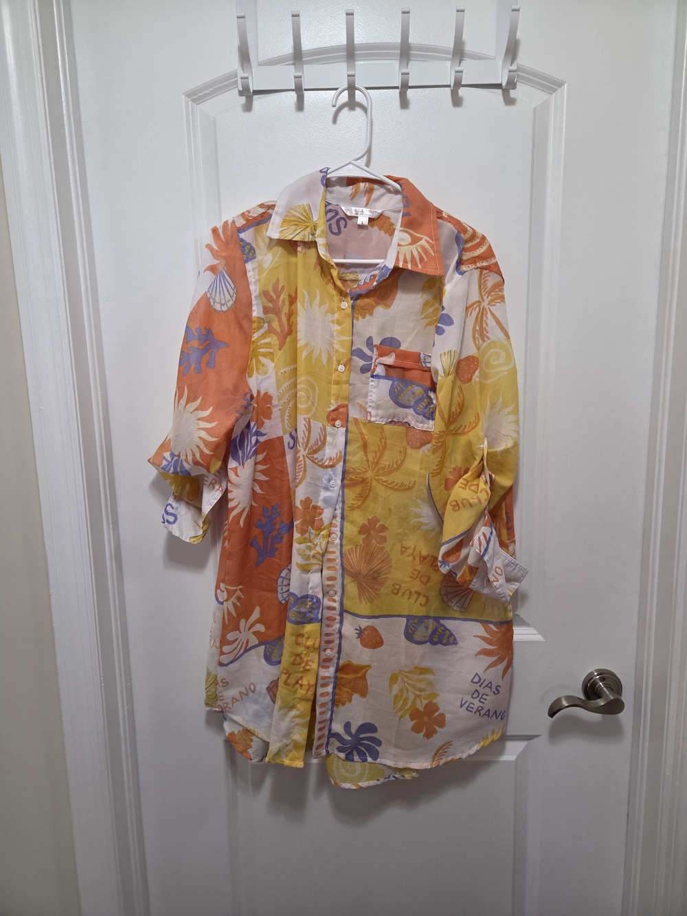 Tropical Print Button-Up Shirt in Orange, Yellow & Purple